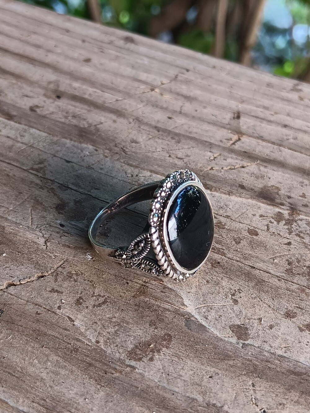 Vintage 925 Onyx Marcasite Size 8.5 Ring